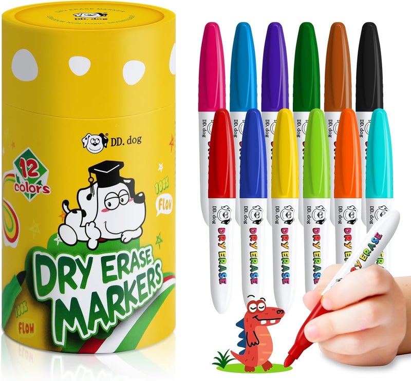 DD.DOG Mini Dry Erase Markers for Kids, Small 12 Colored Non-Toxic Fine Tip White board Markers, Low-Odor Whiteboard Markers Set for Classroom, Home & School Art Supplies (12 Pack) - Image 1